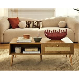 Goto - table basse - effet bois et cannage - 1 tiroir et 1 niche - 110 cm - Bois