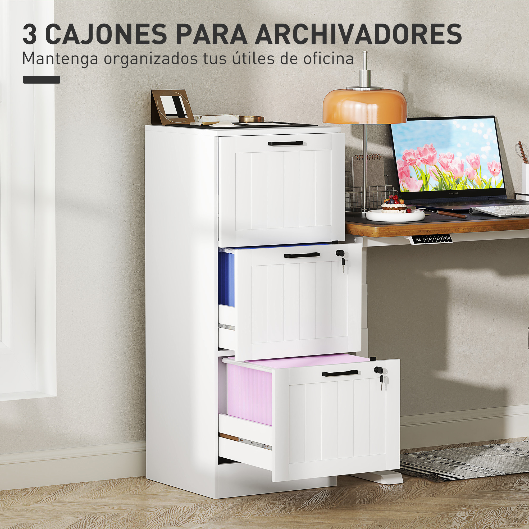 Cajonera de Oficina Mueble Archivador con 3 Cajones Cajonera para Escritorio con Cerraduras Carpetas Suspendidas para A4 y Carta 40x40x101 cm Blanco