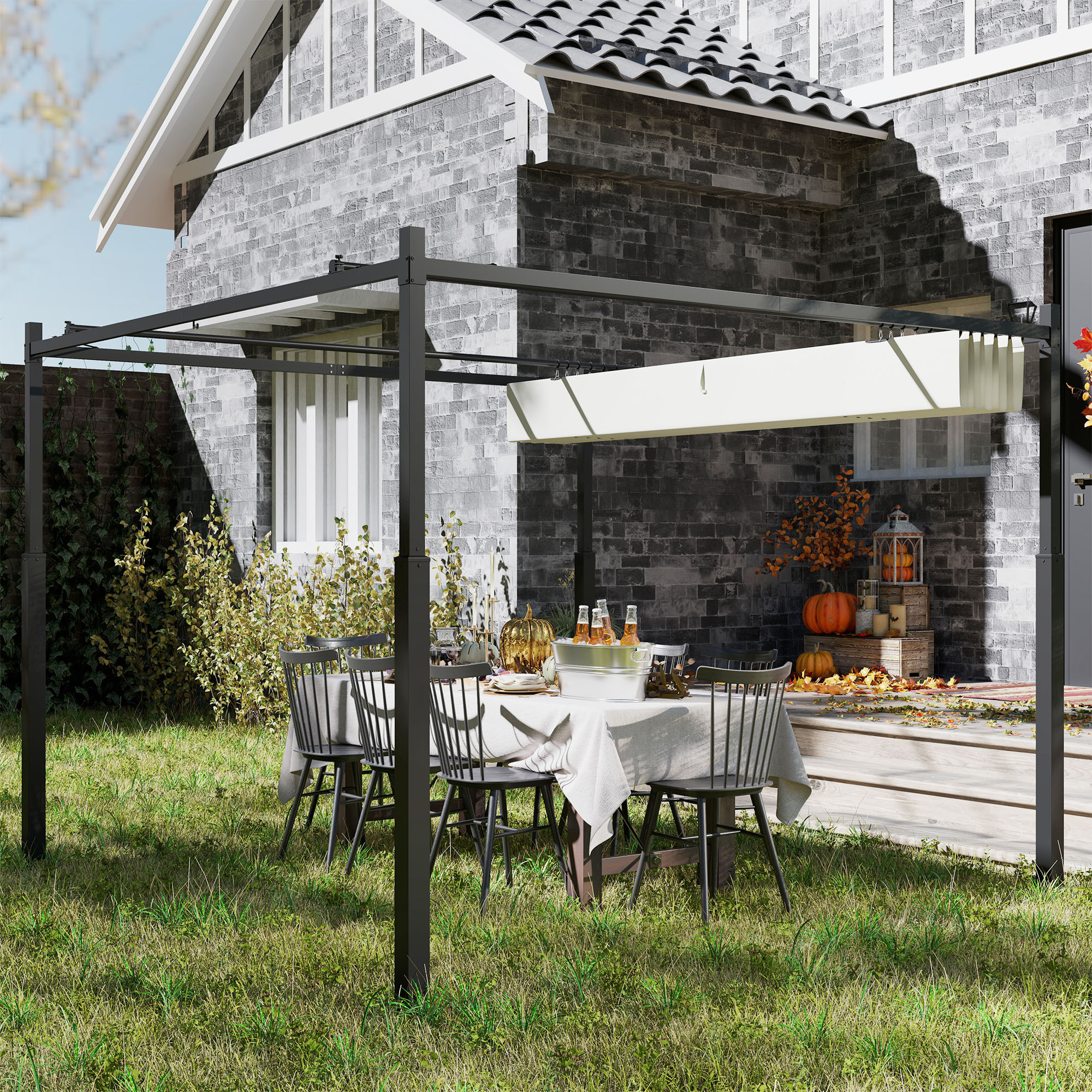 Pergola rétractable 3 x 3 m acier époxy noir polyester haute densité 180 g/m² UPF30+ crème