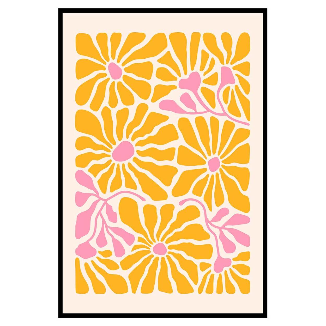 Affiche encadrée fleurs jaunes et roses stylisées Affiche + cadre en métal - Noir