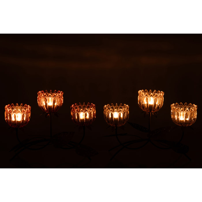 J-Line Photophore Fleur - métal/verre - rose clair/orange - large - 2 pièces