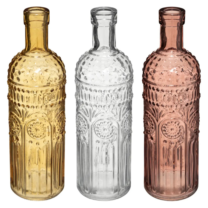 Set de 3 bouteilles "Folk" verre D6,8cm