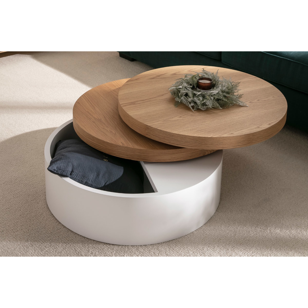 Table basse ronde avec plateaux pivotants et rangement blanc et bois clair chêne D80 cm ICON