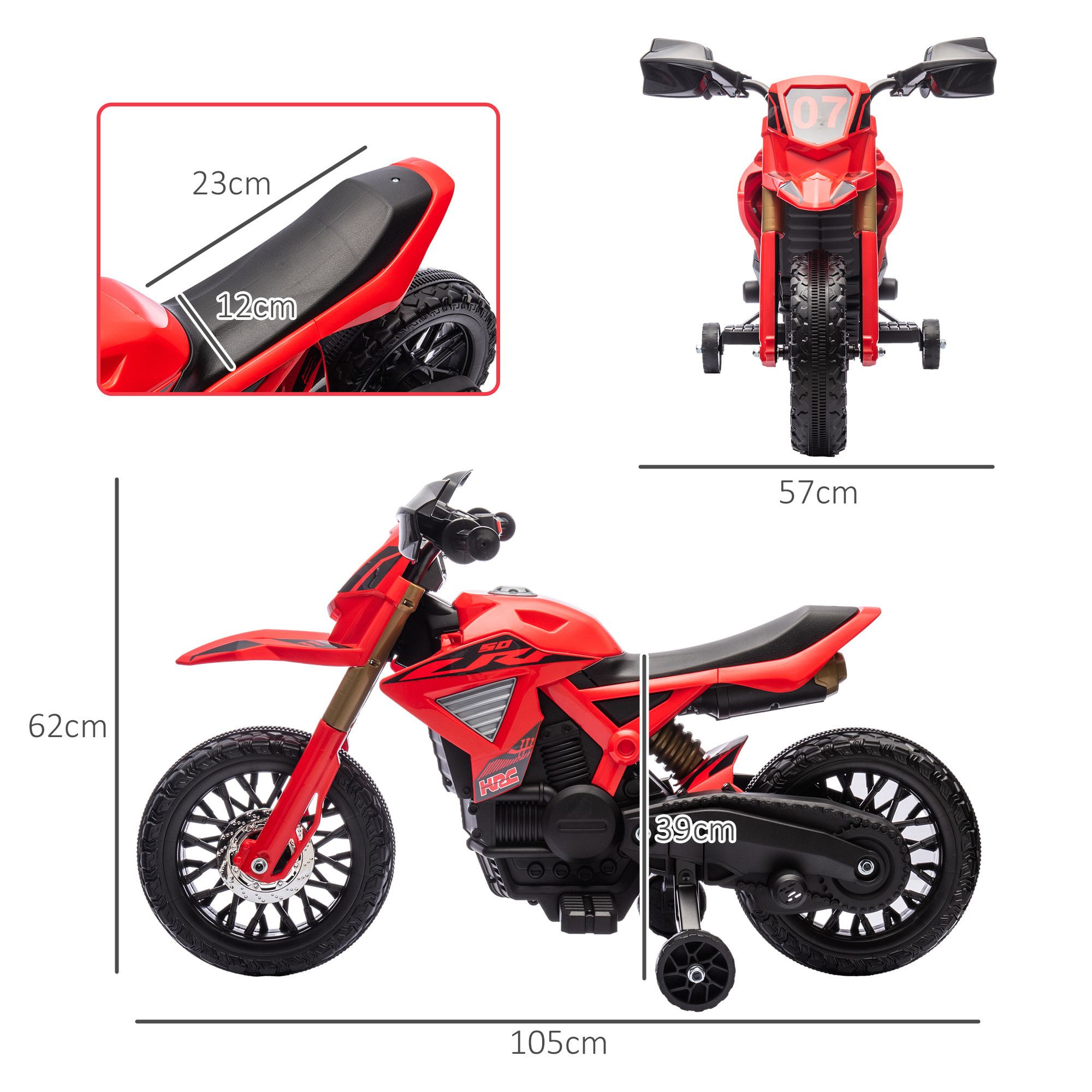 Moto Cross électrique enfant 6 V 2 moteurs effets sonores max. 3 Km/h 30 Kg avec stabilisateurs rouge