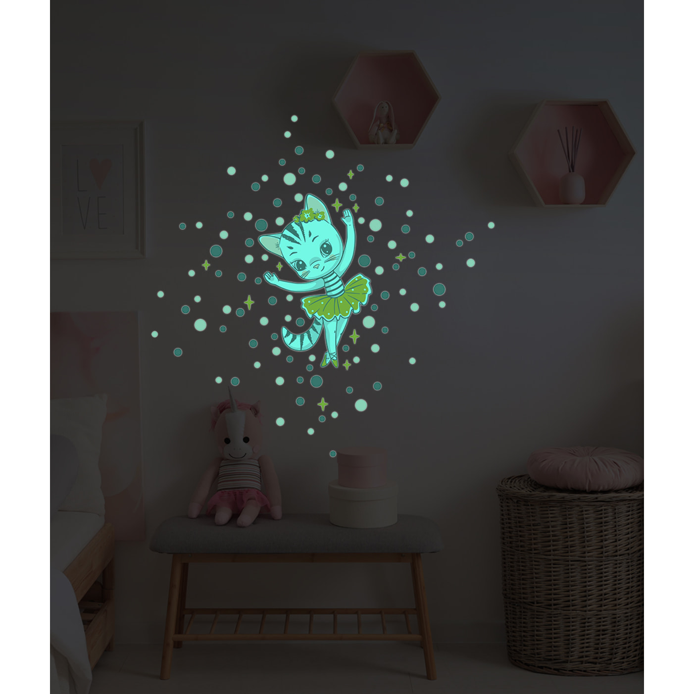 Sticker phosphorescent lumineux - CHAT BALLERINE + 100 RONDS COLORÉS