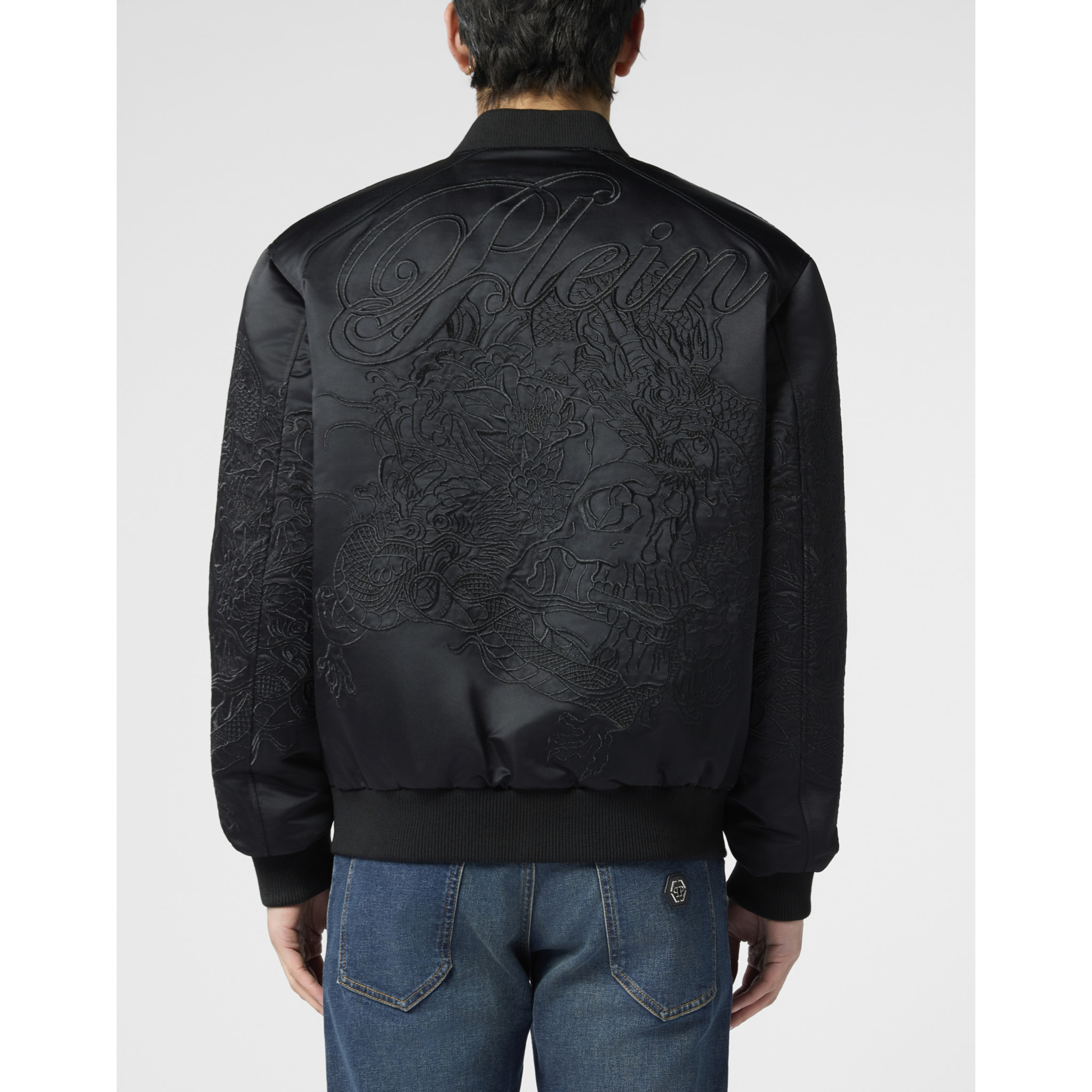 PHILIPP PLEIN Satin Bomber Jacket Skull Dragons Dragons