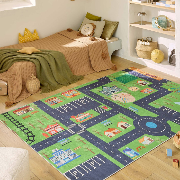 Tapis intérieur enfant blanc imprimé mini ville 120 x 160 cm - Viny