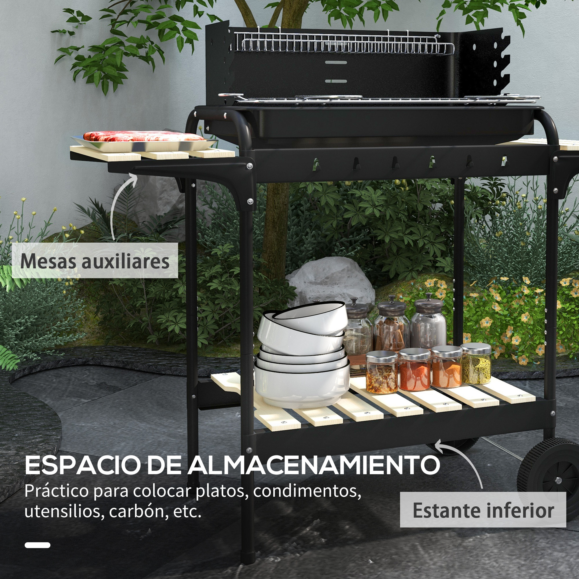 Barbacoa de Carbón con Ruedas Barbacoa Portátil 103x47x95 cm con Parrilla Ajustable en Altura de 5 Niveles Estantes y 6 Ganchos para Pícnic Camping Negro