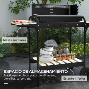 Barbacoa de Carbón con Ruedas Barbacoa Portátil 103x47x95 cm con Parrilla Ajustable en Altura de 5 Niveles Estantes y 6 Ganchos para Pícnic Camping Negro