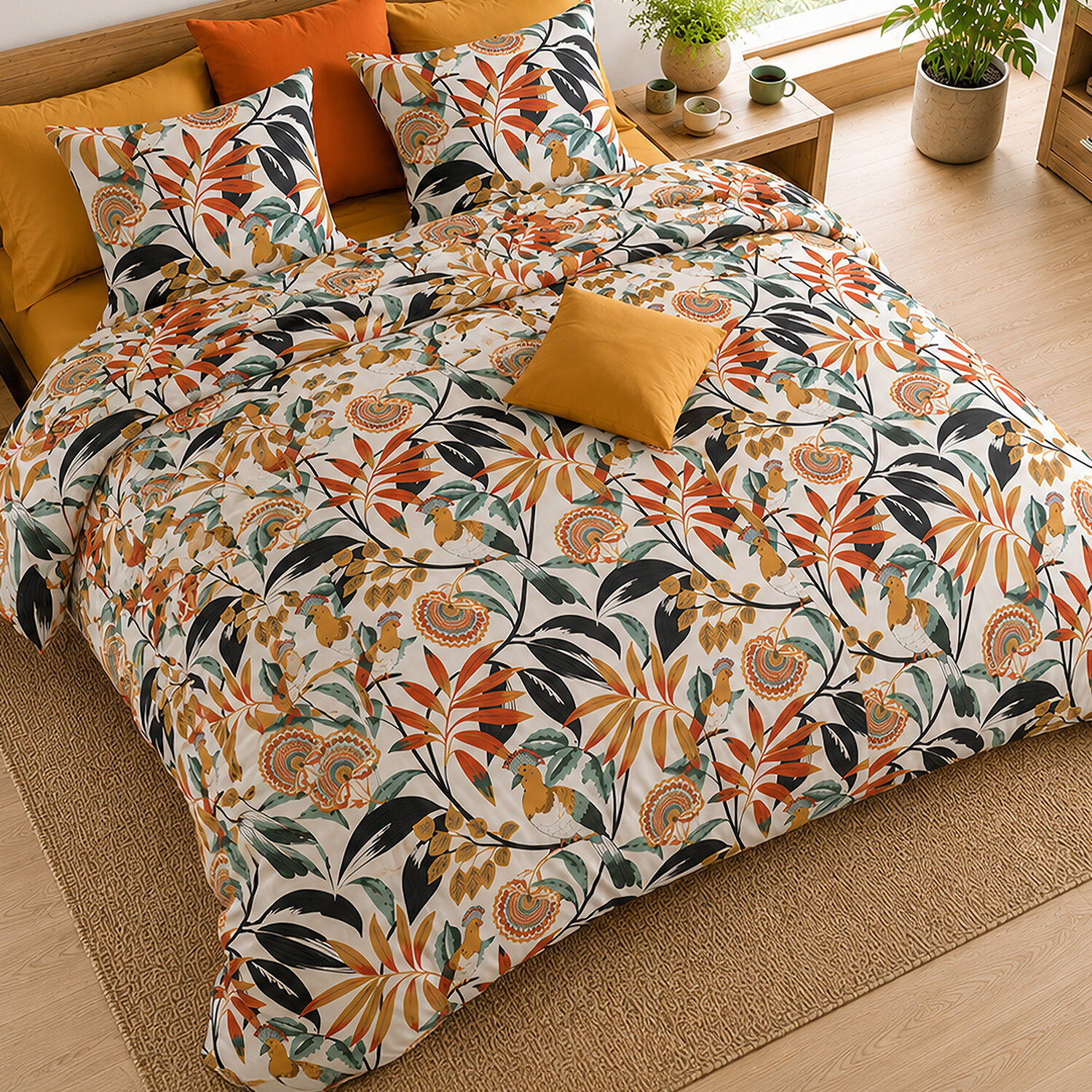 Parure housse de couette 100% percale de coton motif tropical feuillages et oiseaux exotiques - EDONIE