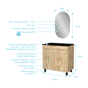 Meuble Salle de Bains 80cm 2 Portes Chêne Naturel + Vasque Noire et Miroir Ovale