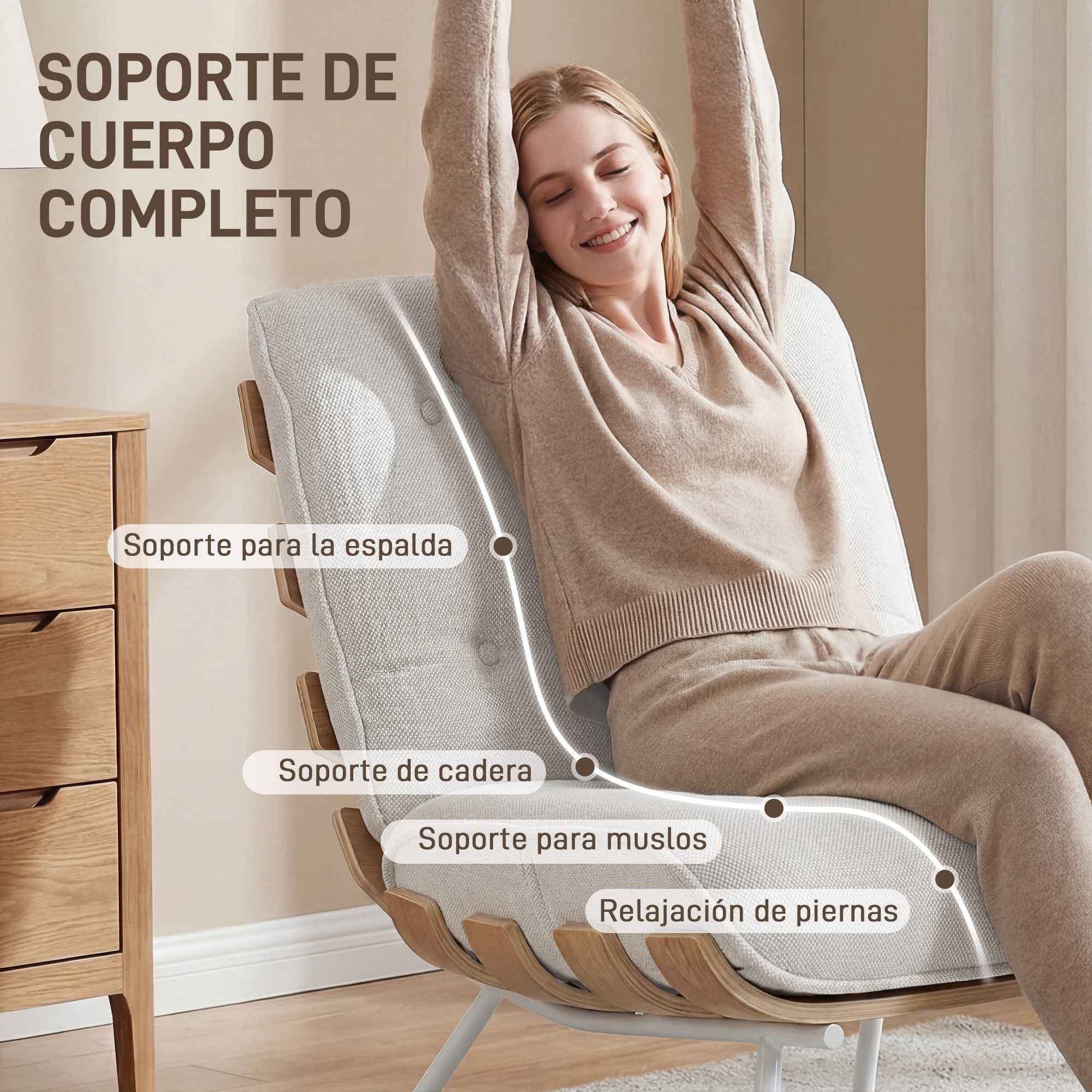 Butaca de Salón, Tapizado en Lino, Sillón Lectura con Asiento Acolchado, Soporte con Listones, Estructura de Acero, Butaca para Sala de Estar, Dormitorio, Crema