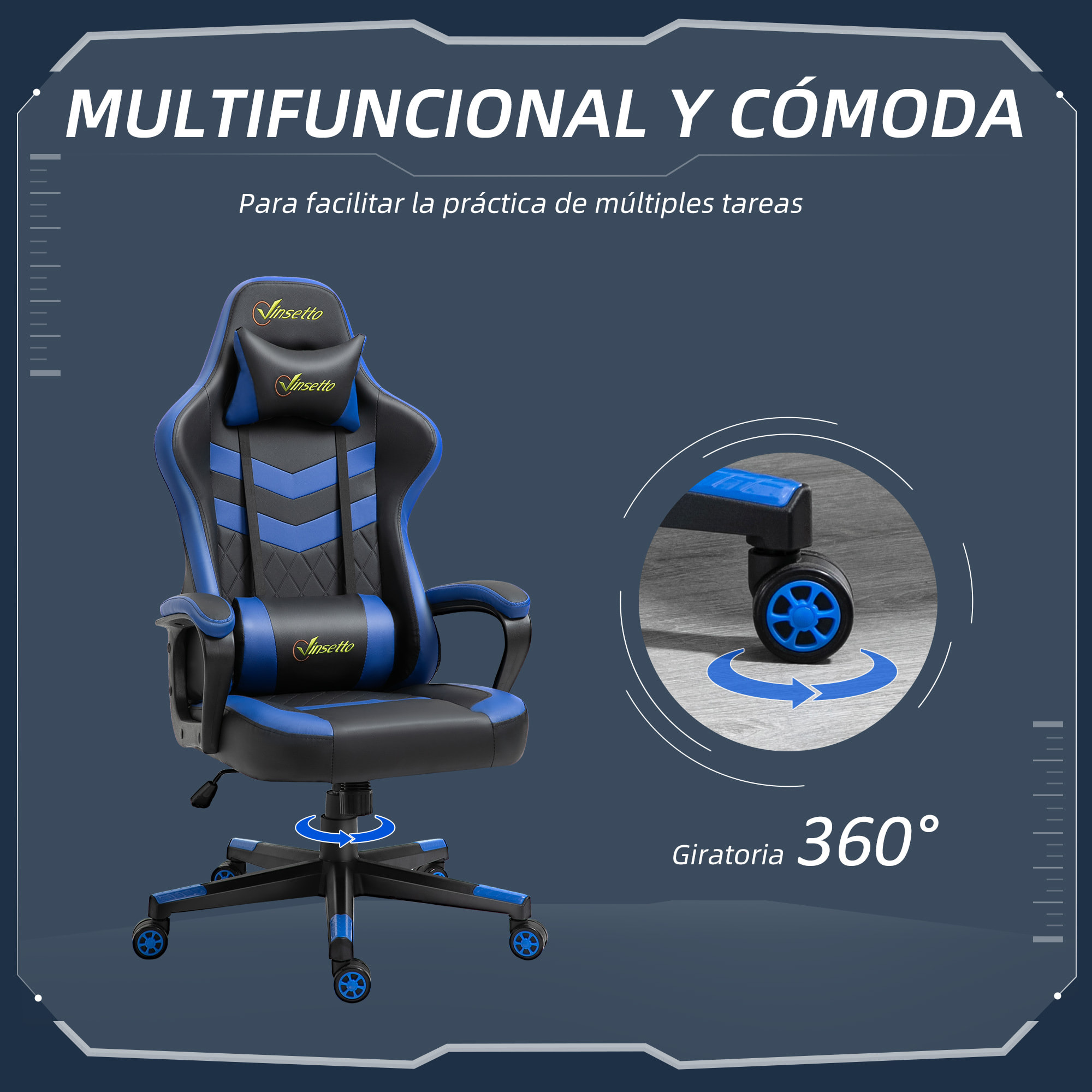 Silla Gaming de Oficina Ergonómica Altura Ajustable Azul