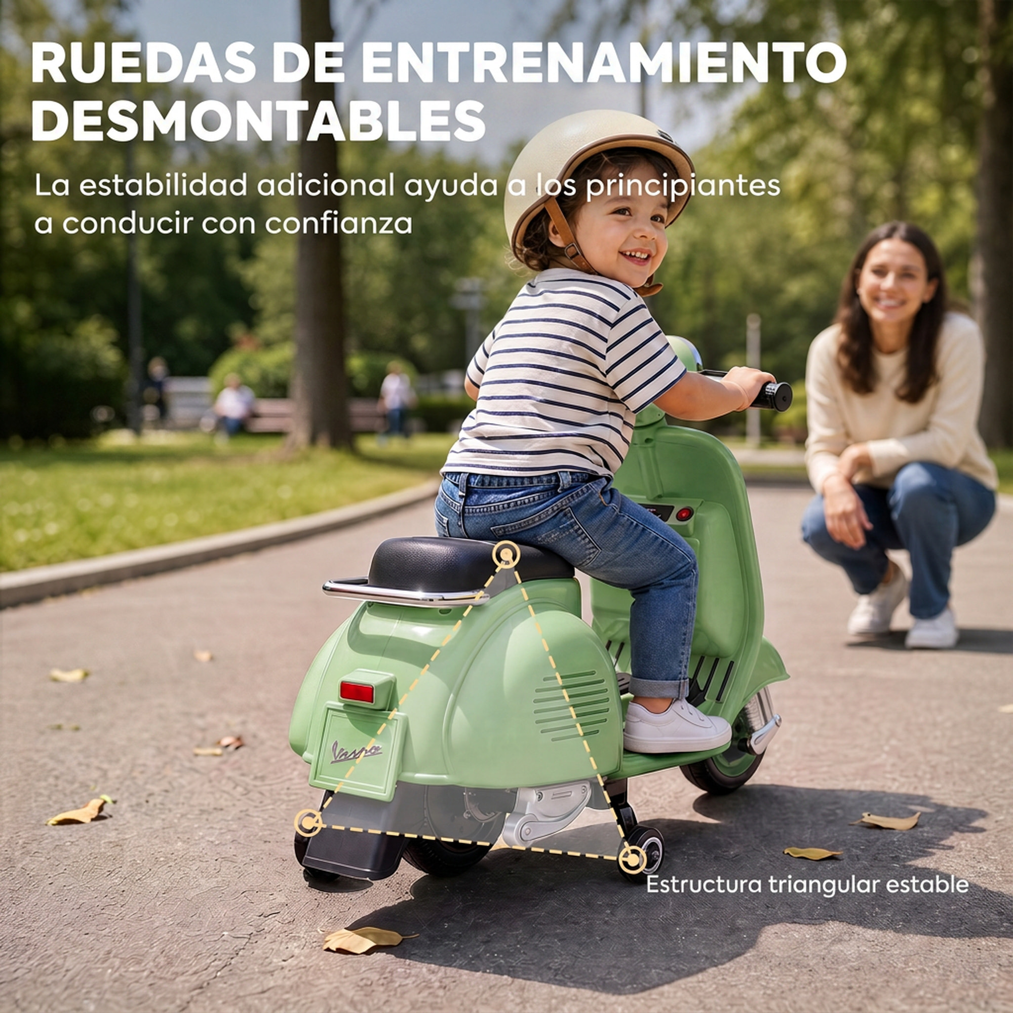 Moto Eléctrica para Niños Licencia VESPA 6V, Moto Eléctrica Infantil con Arranque Suave, Ruedines Desmontables, Luz Delantera, Música, Bocina, USB, Avance, Atrás, para Niños de +3 Años, Verde