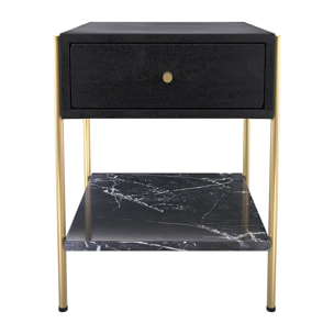 Table de chevet 1 tiroir en bois noir et métal doré - Doori