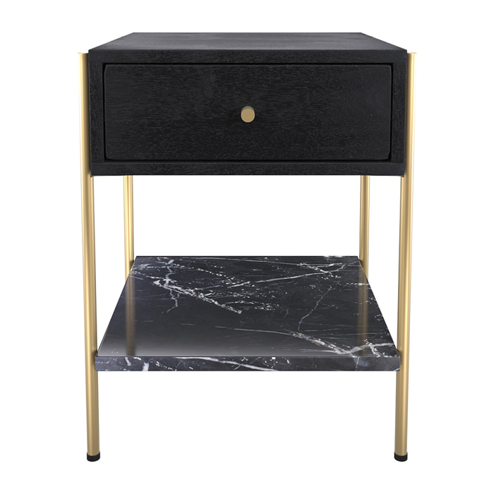 Table de chevet 1 tiroir en bois noir et métal doré - Doori