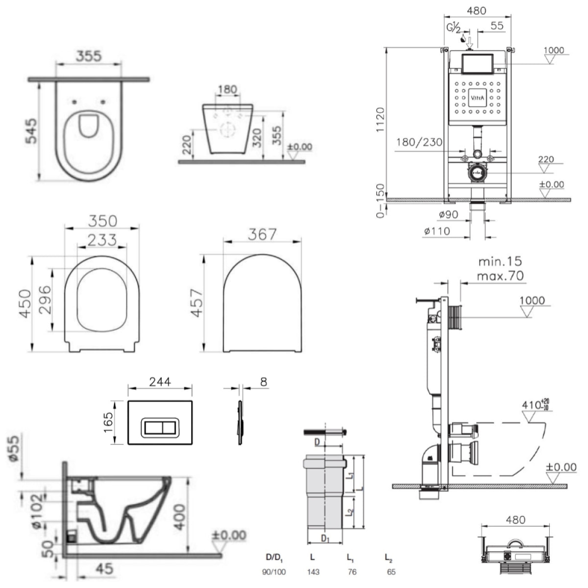 Pack WC Bâti-support V-Fix Core + WC sans bride Integra, fixations invisibles + Plaque, Blanc Brillant (V-FixIntegraRimless-1)