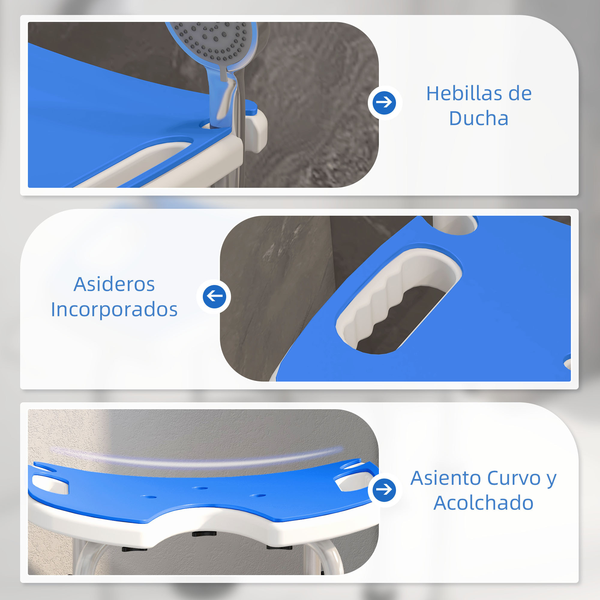 Taburete de Ducha Silla Ducha Personas Mayores Antideslizante Silla para Ducha con Barra de Agarre por Ventosas Altura Regulable y Asiento en Forma de U Carga 150 kg Azul