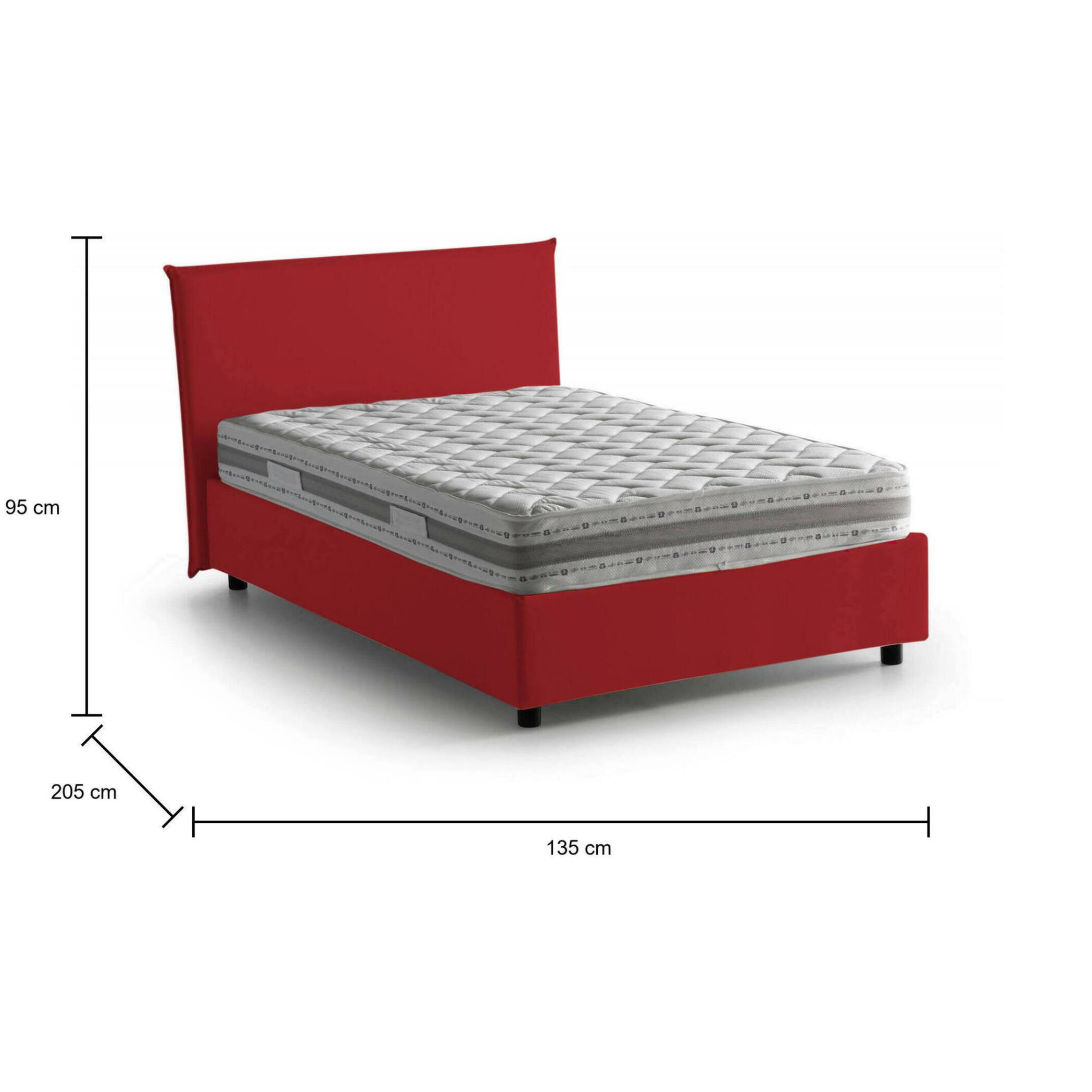 Letto piazza e mezza Asmara, Letto contenitore con rivestimento in tessuto, 100% Made in Italy, Apertura frontale, con materasso Cm 120x190 incluso, Rosso