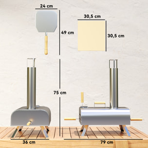 Mini Horno de Pizza Exterior Portátil de Acero Inoxidable Horno de Leña con Piedra Refractaria Pala Patas Plegables Mangos de Madera Termómetro y Bandeja para Jardín Terraza Camping Patio