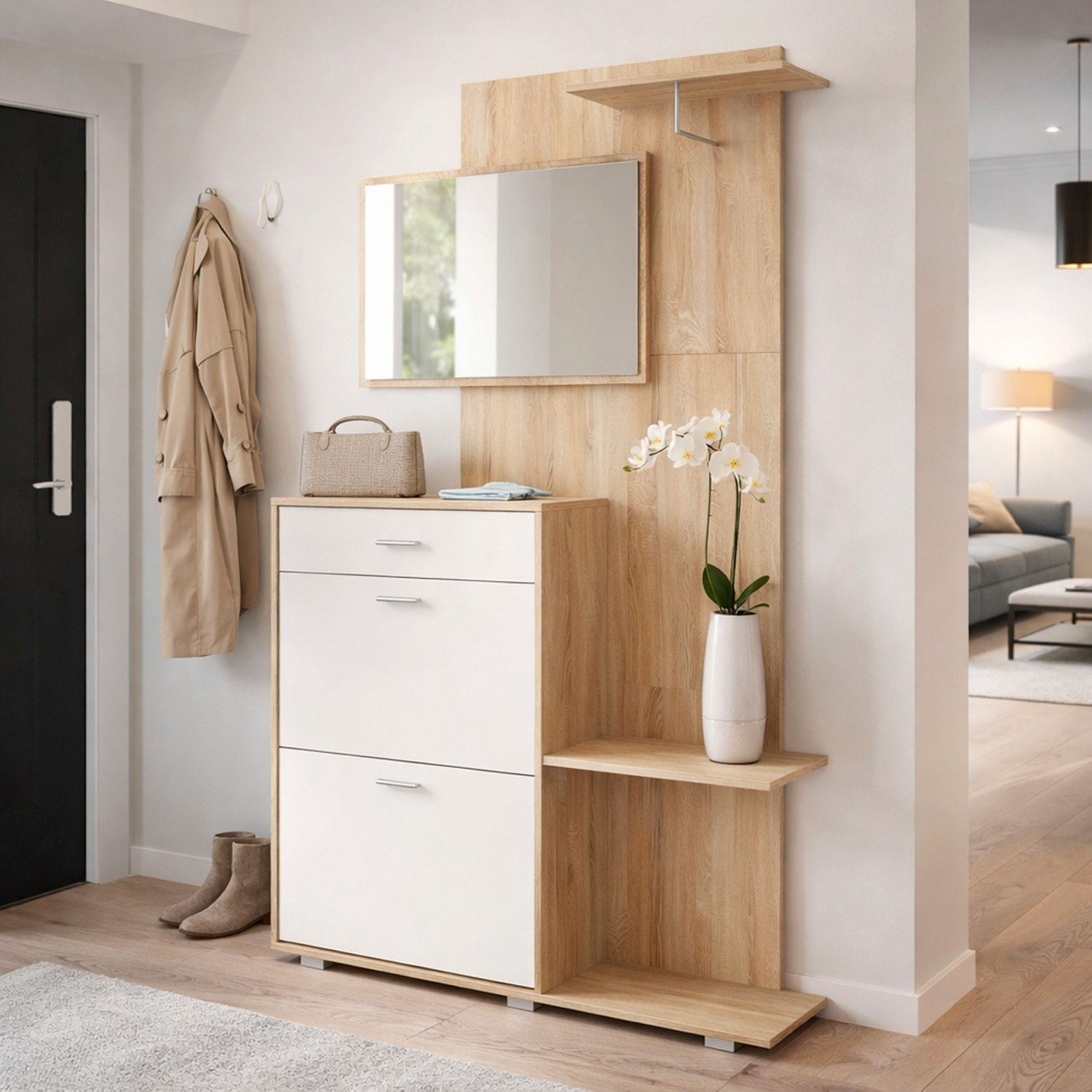 Ingresso Scarpiera Con Specchio 2 Ante A Ribalta Cassetto Appendibiti E Mensola Mobile Salvaspazio Moderno 192 x 120 x 24.5 Cm Colore Rovere E Bianco