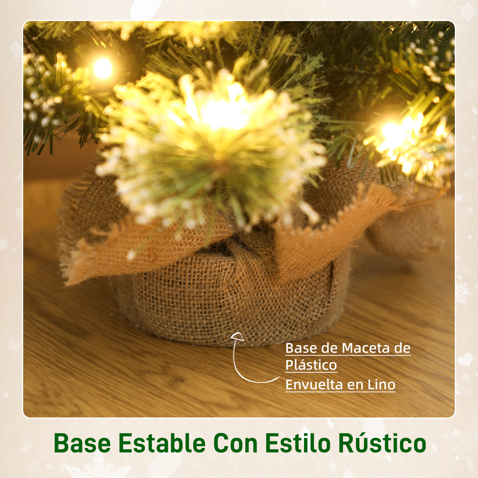 Árbol de Navidad con 35 Luces LED, 60 cm, Mini Árbol de Navidad Artificial con 64 Ramas Densas con Nieve, Piñas, Bayas y Base de Arpillera, Decoración Navideña de Mesa para Casa, Oficina, Verde