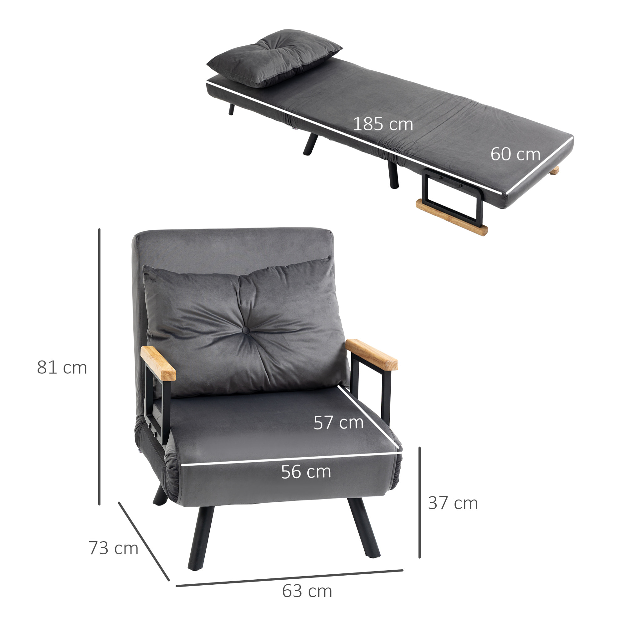 Sofá Cama Individual Plegable Silla Cama Convertible 3 en 1 con Respaldo Ajustable de 5 Niveles y Almohada Acolchada para Oficina Dormitorio Salón Carga 120 kg 63x73x81 cm Gris