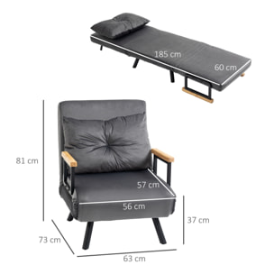 Sofá Cama Individual Plegable Silla Cama Convertible 3 en 1 con Respaldo Ajustable de 5 Niveles y Almohada Acolchada para Oficina Dormitorio Salón Carga 120 kg 63x73x81 cm Gris