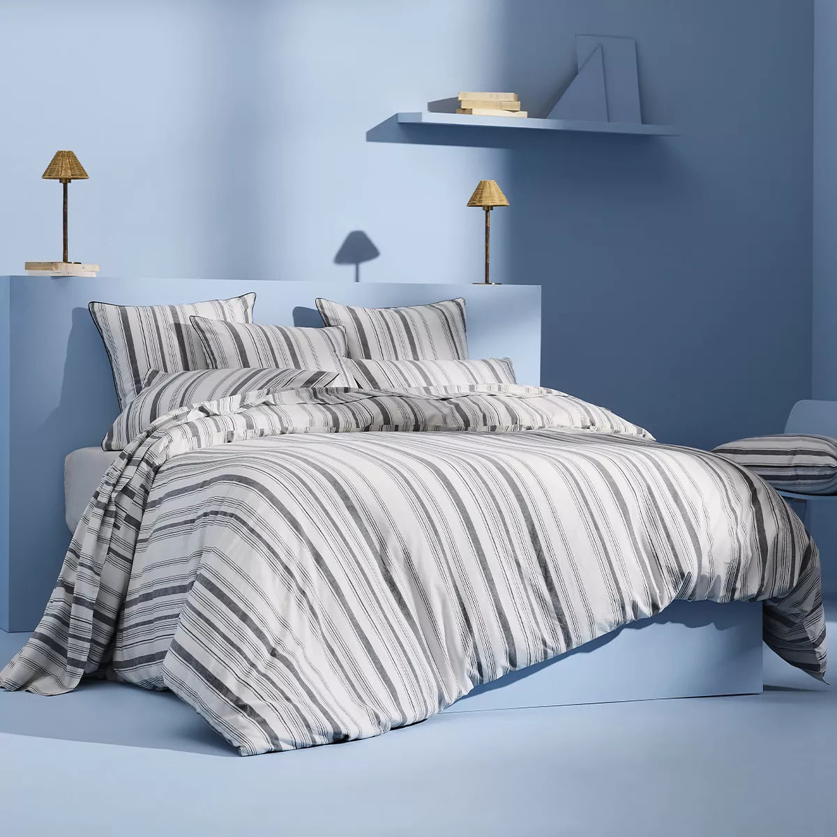 Lot h.couette +taies pur coton lavé rayé anthracite noir Portland granit