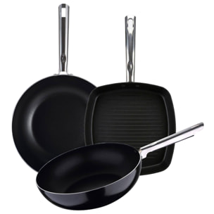 Juego de 3 sartenes - Aluminio prensado - (Sartén 30x5 + wok 28x8 + sartén asador 28x28cm) - Pixel Pro