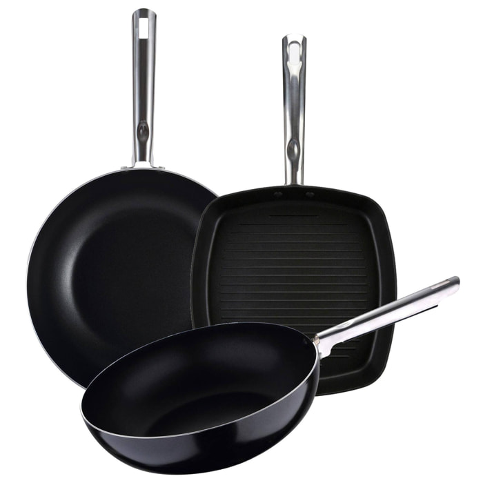 Juego de 3 sartenes - Aluminio prensado - (Sartén 30x5 + wok 28x8 + sartén asador 28x28cm) - Pixel Pro