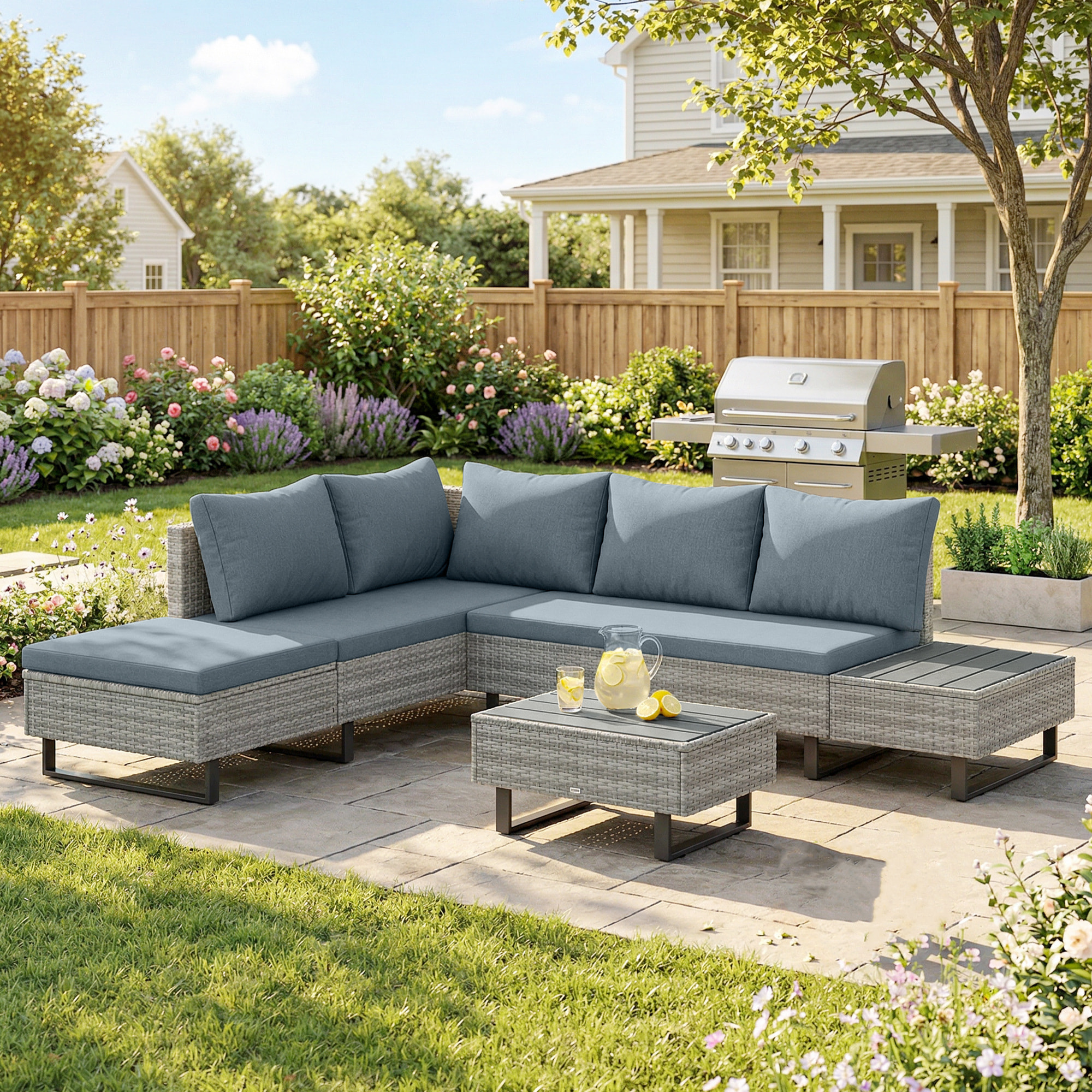Conjunto de Jardín de Ratán de 3 Piezas, Respaldo Ajustable, Conjunto Terraza, Muebles Jardín Exterior Incluye Cojines, Sofá de 3 Plazas, Sofá de 2 Plazas, Mesa de Madera Plástico, Gris