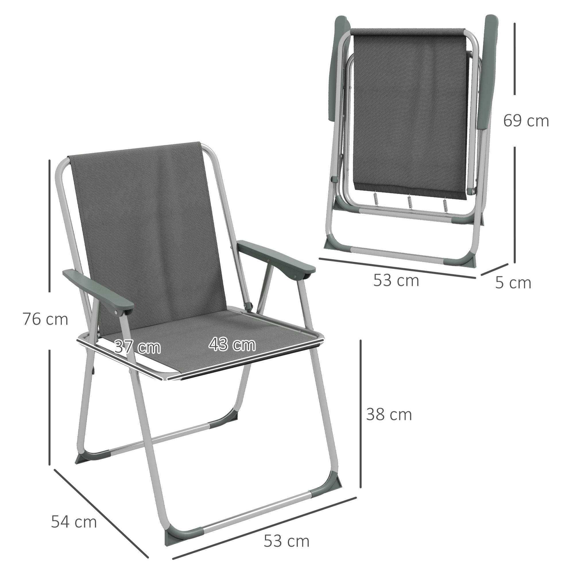 Juego de 4 Sillas de Camping Plegables Sillas Plegables de Jardín Exterior Acolchadas en Tela Oxford con Marco de Acero y Reposabrazos Carga 120 kg para Terraza Playa 53x54x76 cm Gris