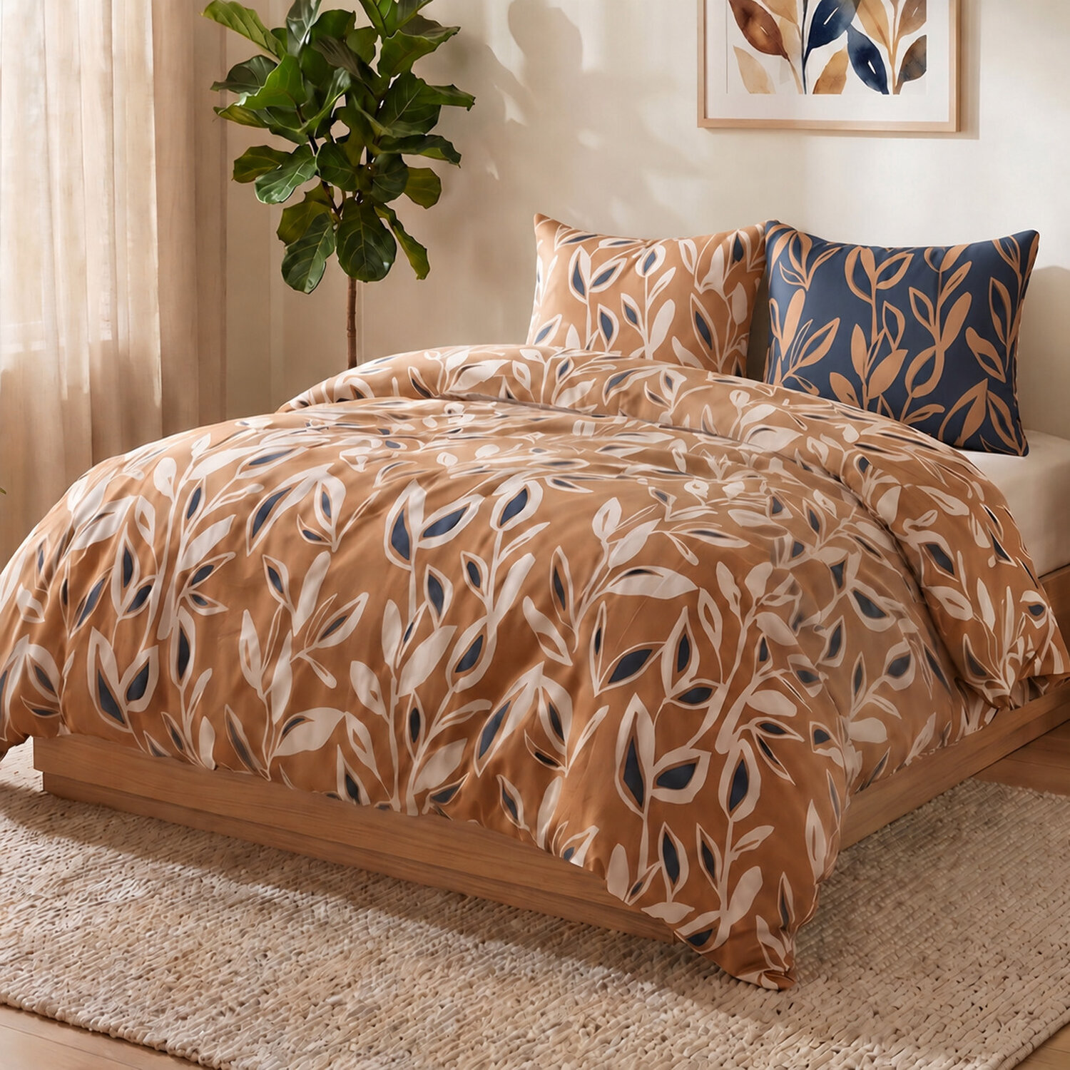 Parure housse de couette 240x220 cm imprimée végétale + 2 taies 100% Coton - LINDA