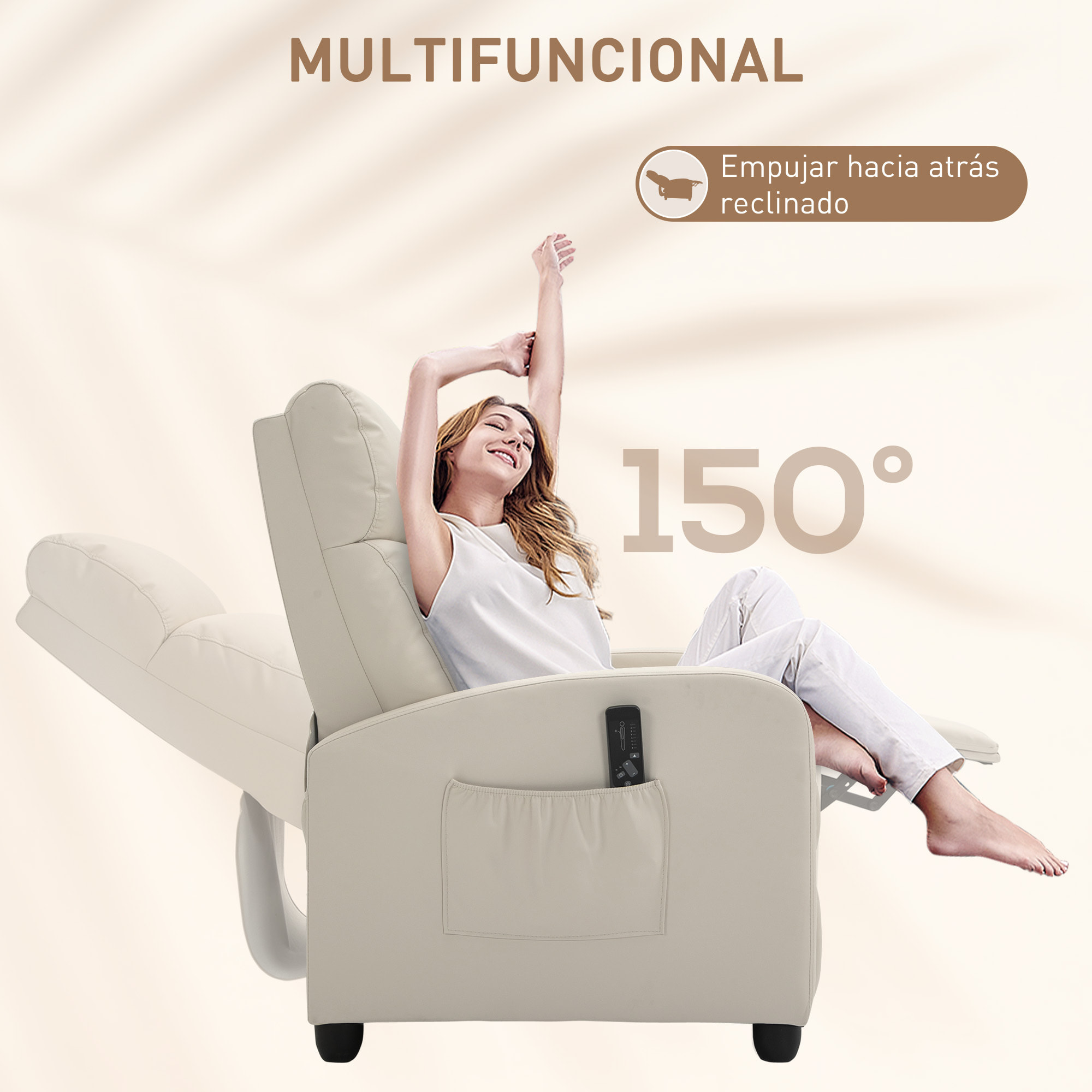Sillón de Masaje Sillón Relax Reclinable con Mando a Distancia 2 Zonas de Masaje 8 Programas 5 Niveles de Intensidad 1 Bolsillo Lateral y Temporizador Tapizado en PU 68x88x98 cm Crema