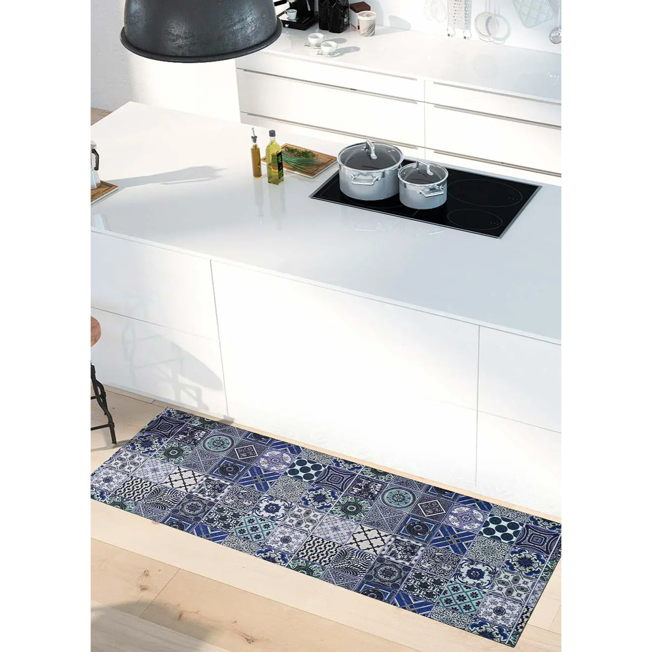 SPRINTY Alfombra vinílica de cocina diseños bohemios en azul, varias medidas disponibles.