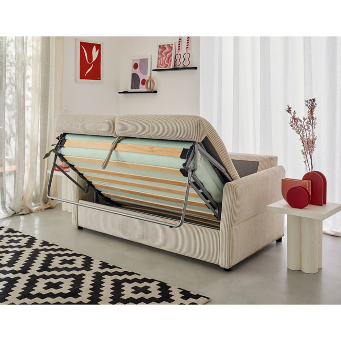Maho - canapé 2 places convertible express couchage quotidien 140 cm matelas 11 cm en velours côtelé - Beige