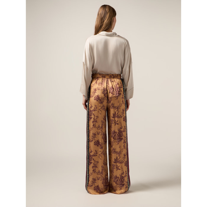 Oltre - Pantalones palazzo de satén estampado - Naranja sol