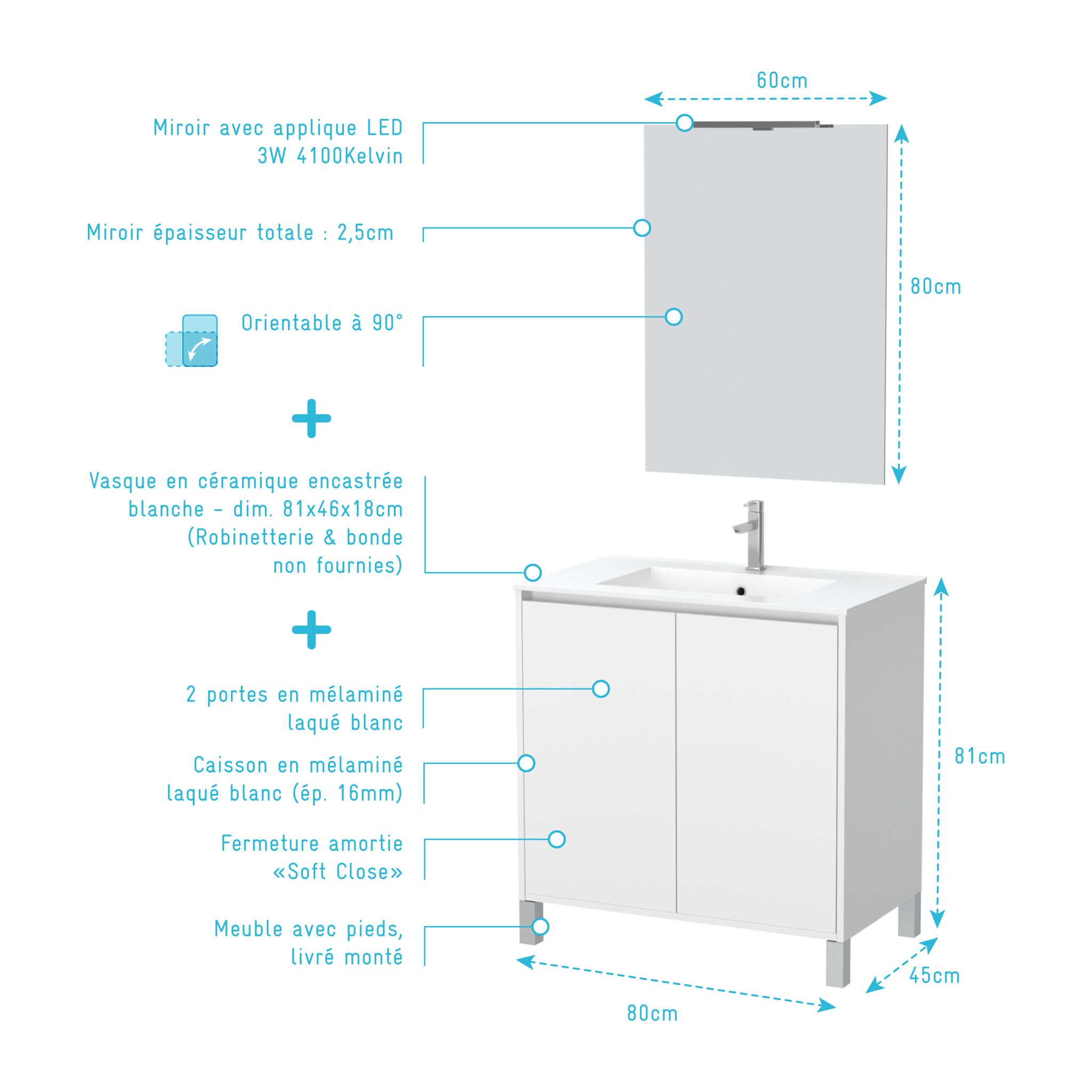 Pack Meuble Salle de Bains 80cm Blanc 2 Portes, Vasque, Miroir 60x80 et réglette Led - XENOS