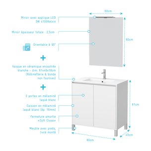 Pack Meuble Salle de Bains 80cm Blanc 2 Portes, Vasque, Miroir 60x80 et réglette Led - XENOS