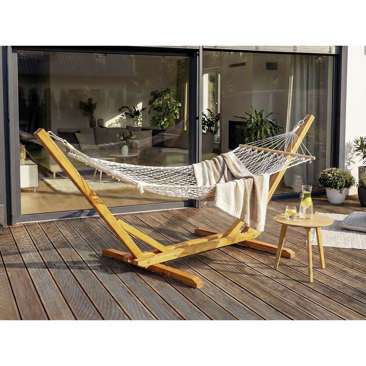 Hamac bois avec toile en macramé "Dallas" - 305 x 120 x 123 cm - Blanc