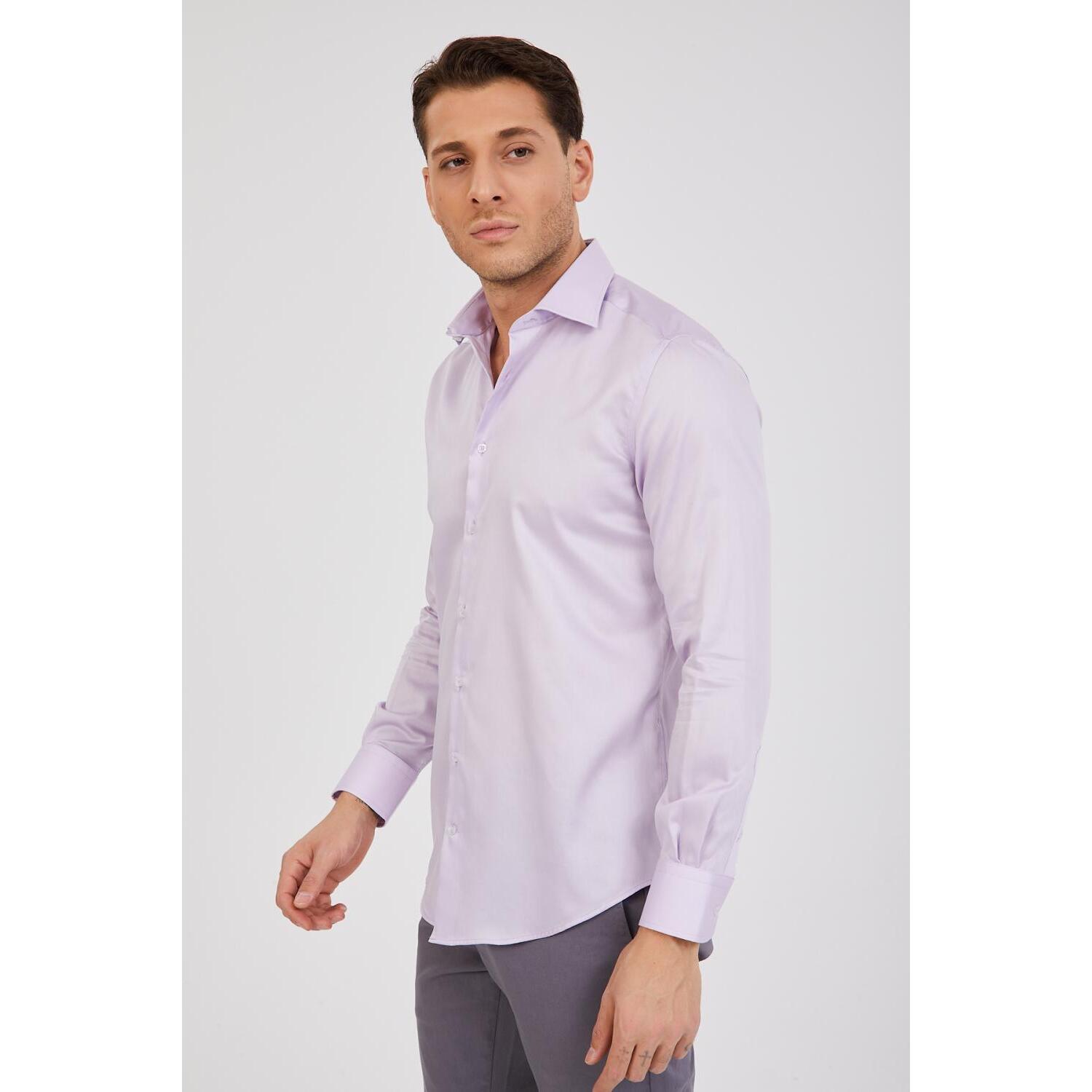 Camicia Uomo 1 Bottone Francese Slim Satin Unito Lilla