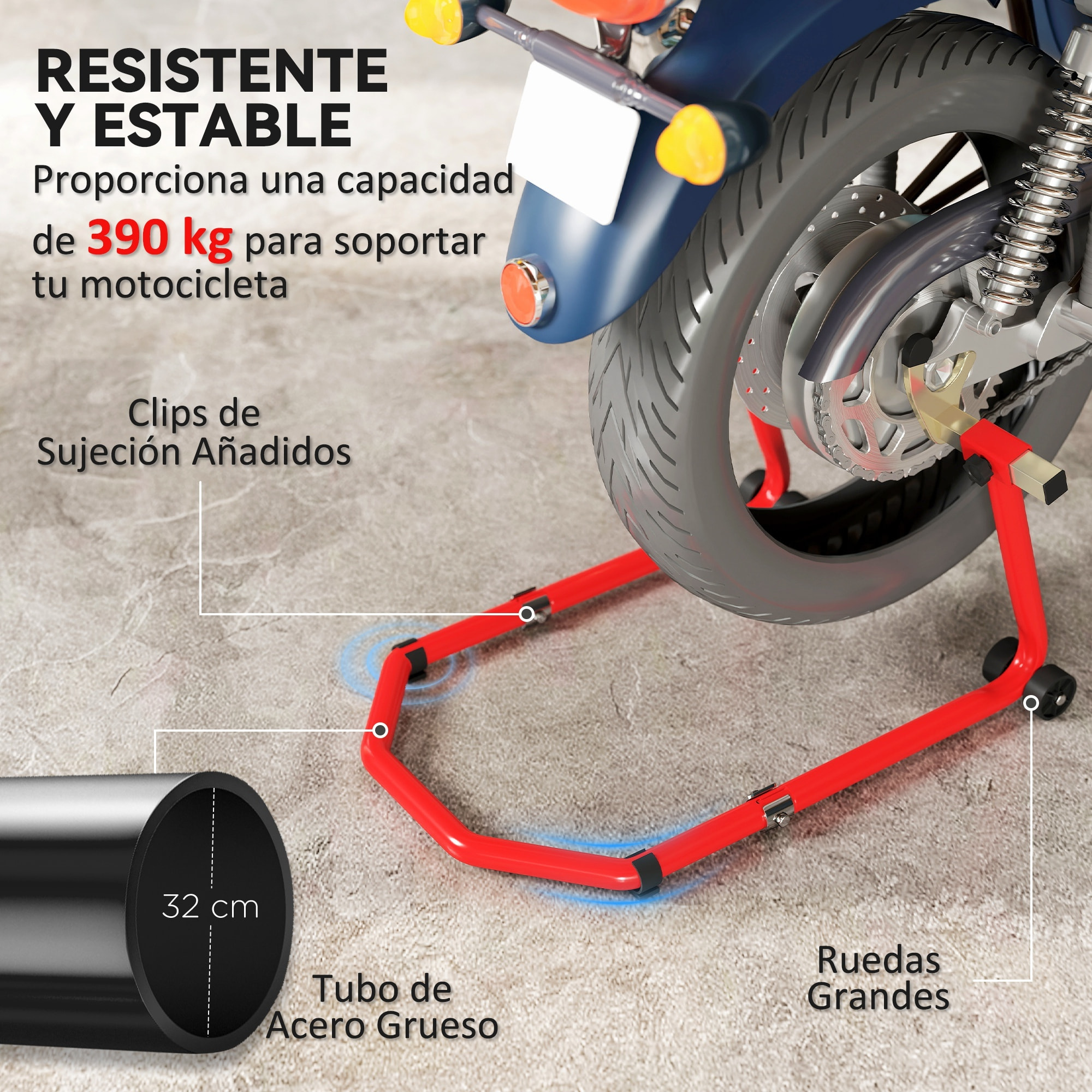 Caballete Moto Elevador Universal Carga 390 kg Combo Soporte de Rueda Delantera y Trasera Motocicleta con Adaptadores de Horquillas en U y L Ajustables y Ruedas para Reparación y Mantenimiento