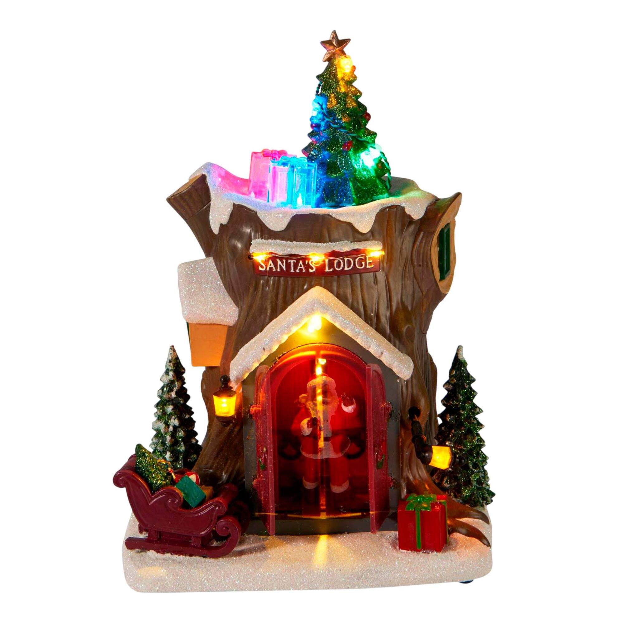 Cabaña de papá noel con luces led, movimiento y música, usb o pilas 18,5x17x25,5 cm