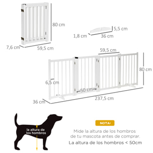 PawHut Barrera para Perros Plegable Valla para Perros Pequeños y Medianos de 4 Paneles con Puerta Barrera de Seguridad de Madera para Escaleras Pasillos 237,5x36x80 cm Blanco