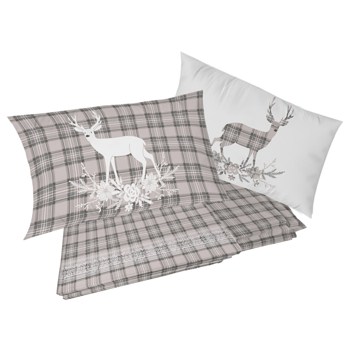 Completo letto in flanella tartan cervo beige