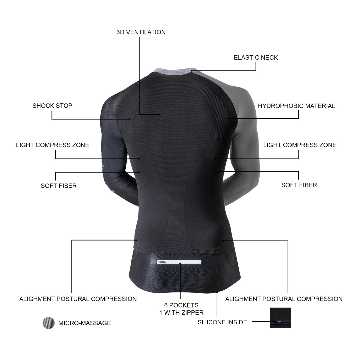 CAMISETA DE COMPRESIÓN RUNNING PARA HOMBRE DE MANGA LARGA BLUEBALL EN NEGRO Y GRIS