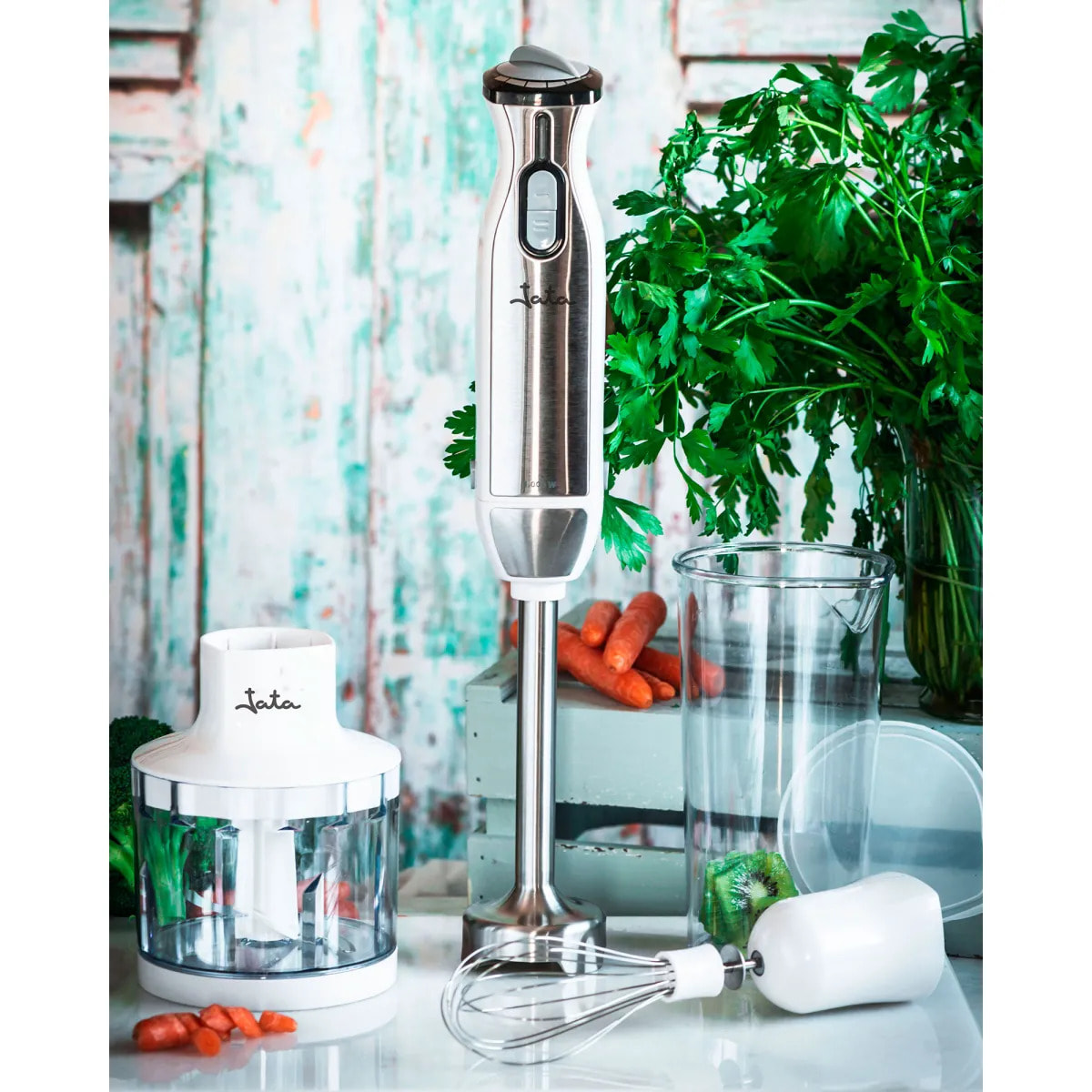 Batidora de mano JATA BT199 de 1000 W. 4 cuchillas. Regulador de velocidad. Incluye picadora y vaso medidor