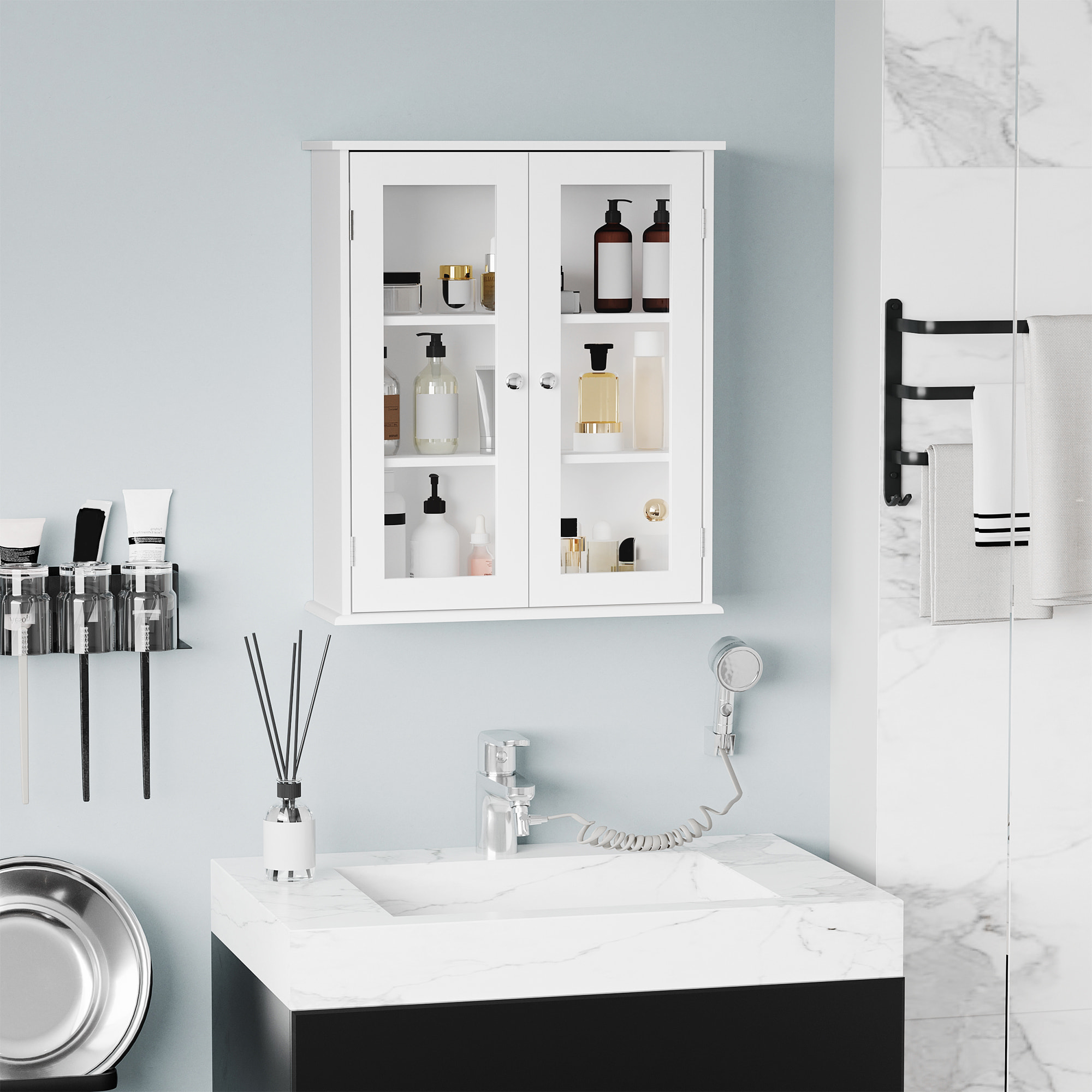 kleankin Armario de Pared Baño de 2 Puertas de Cristal Armario Colgante Multiusos para Cocina Salón con Estantes Interiores y Balda Ajustable 55x20x65 cm Blanco