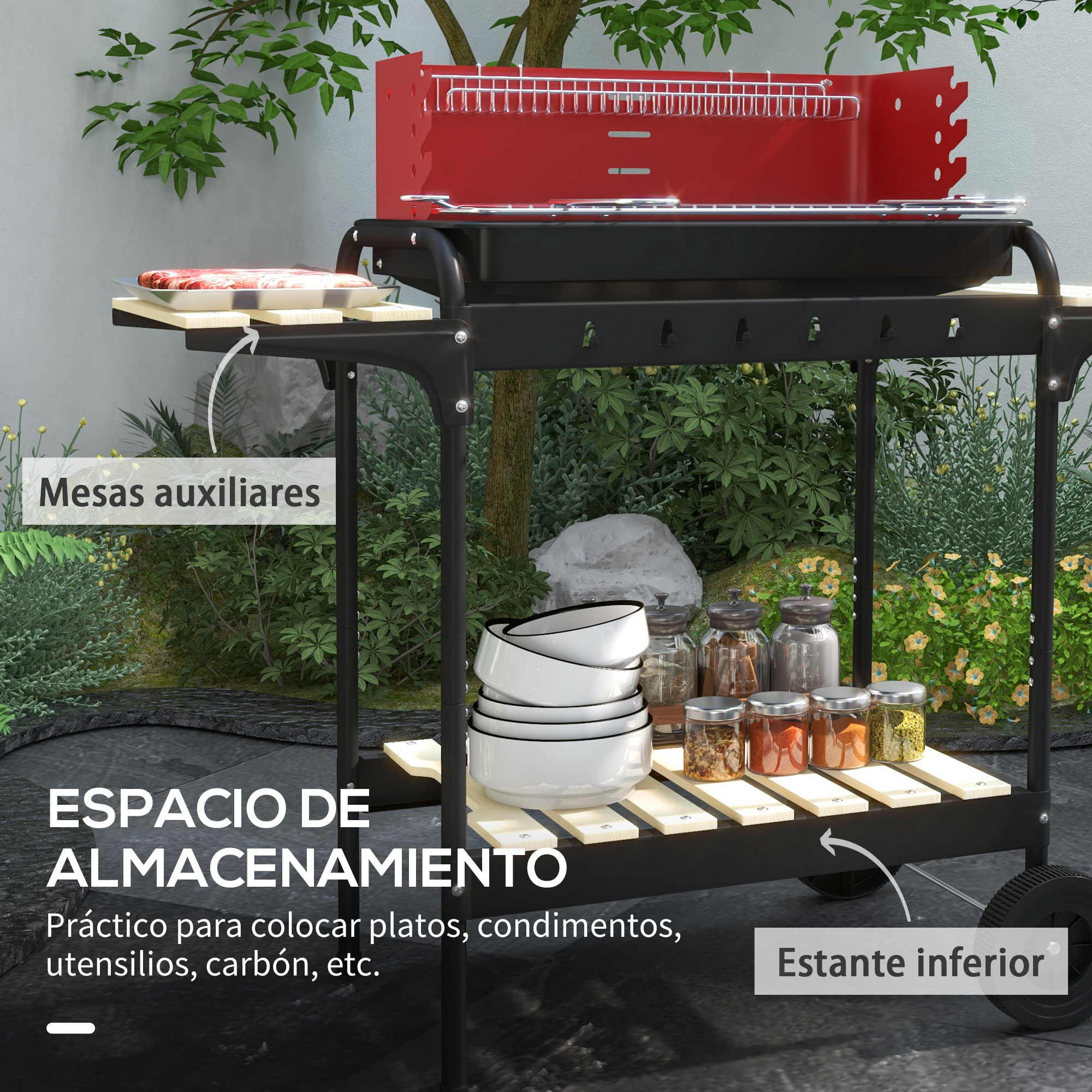 Barbacoa de Carbón con Ruedas Barbacoa Portátil con Parrilla Ajustable en Altura Estantes y 6 Ganchos para Picnic Camping 103x47x95 cm Rojo y Negro